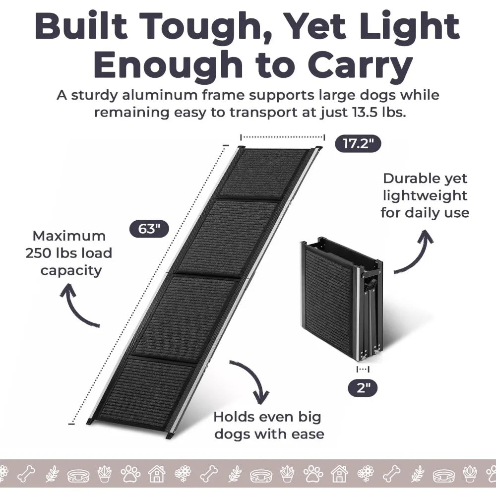 Dog Ramp for Car, SUV & Truck – Wide Folding Ramp for Large Dogs – Non-Slip Rug Surface – Reflective Strips, Portable with Carry