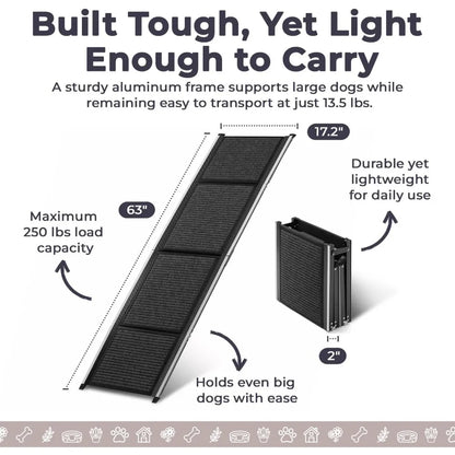 Dog Ramp for Car, SUV & Truck – Wide Folding Ramp for Large Dogs – Non-Slip Rug Surface – Reflective Strips, Portable with Carry