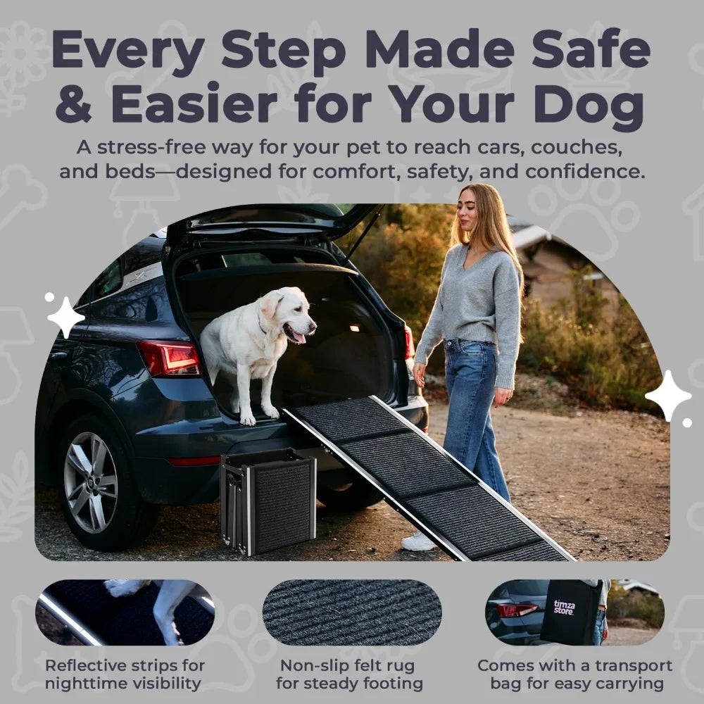 Dog Ramp for Car, SUV & Truck – Wide Folding Ramp for Large Dogs – Non-Slip Rug Surface – Reflective Strips, Portable with Carry