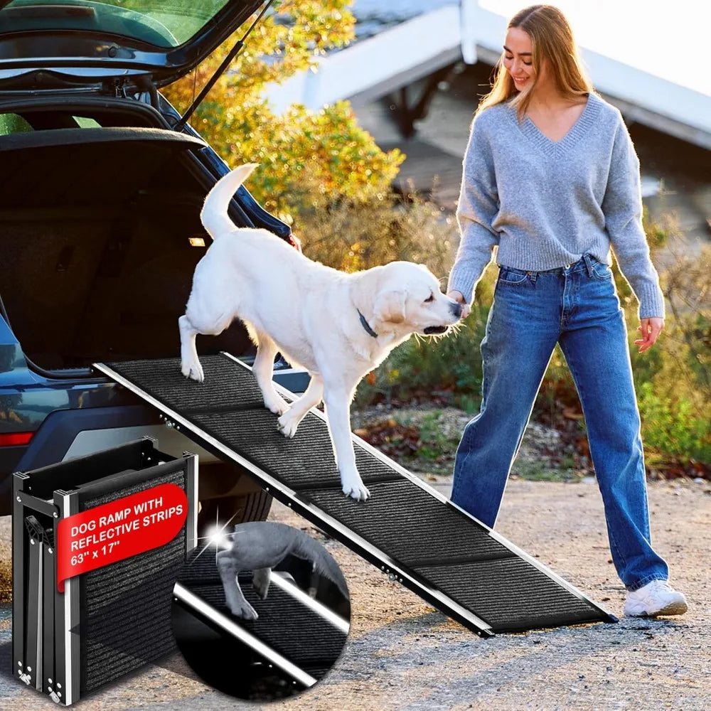 Dog Ramp for Car, SUV & Truck – Wide Folding Ramp for Large Dogs – Non-Slip Rug Surface – Reflective Strips, Portable with Carry