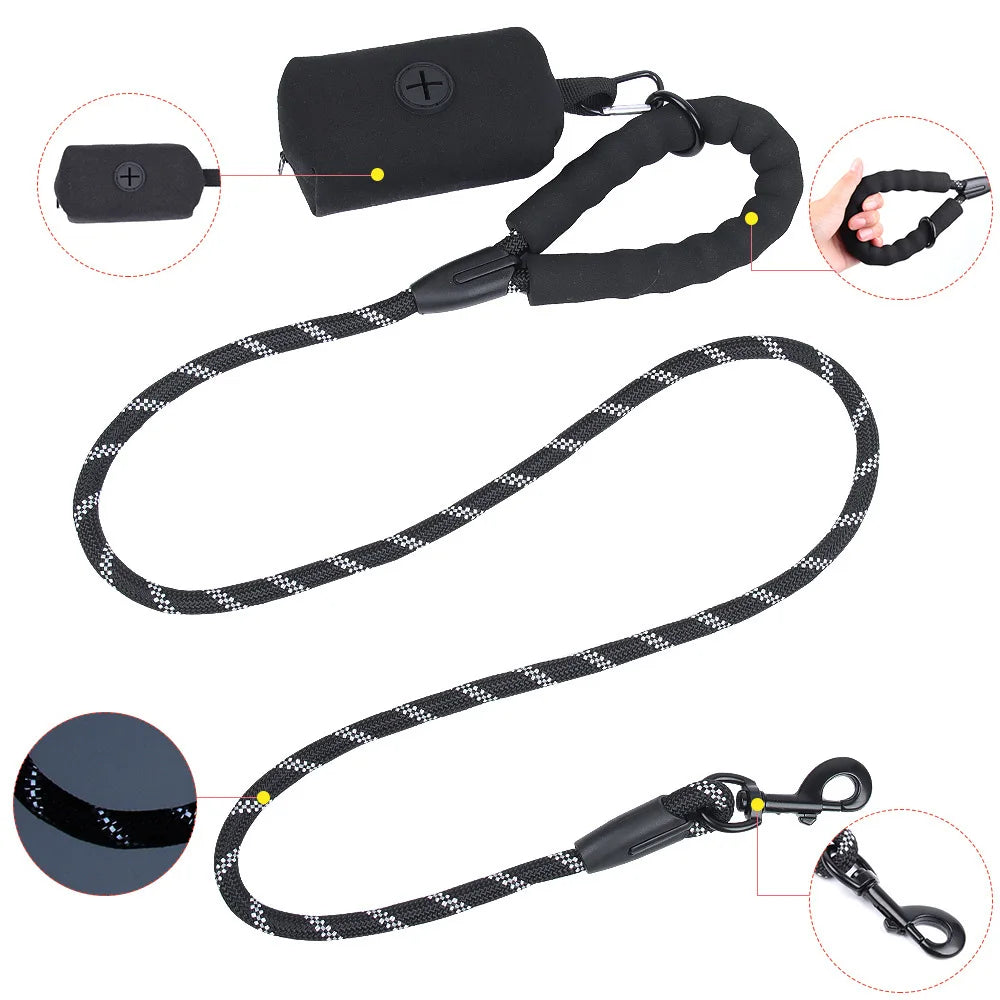 Durable Dog Leash with Poop Bag Dispenser - Reflective Material for Nighttime Safety
