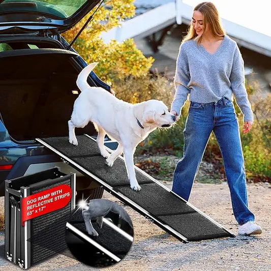 Dog Ramp for Car, SUV & Truck – Wide Folding Ramp for Large Dogs – Non-Slip Rug Surface – Reflective Strips, Portable with Carry