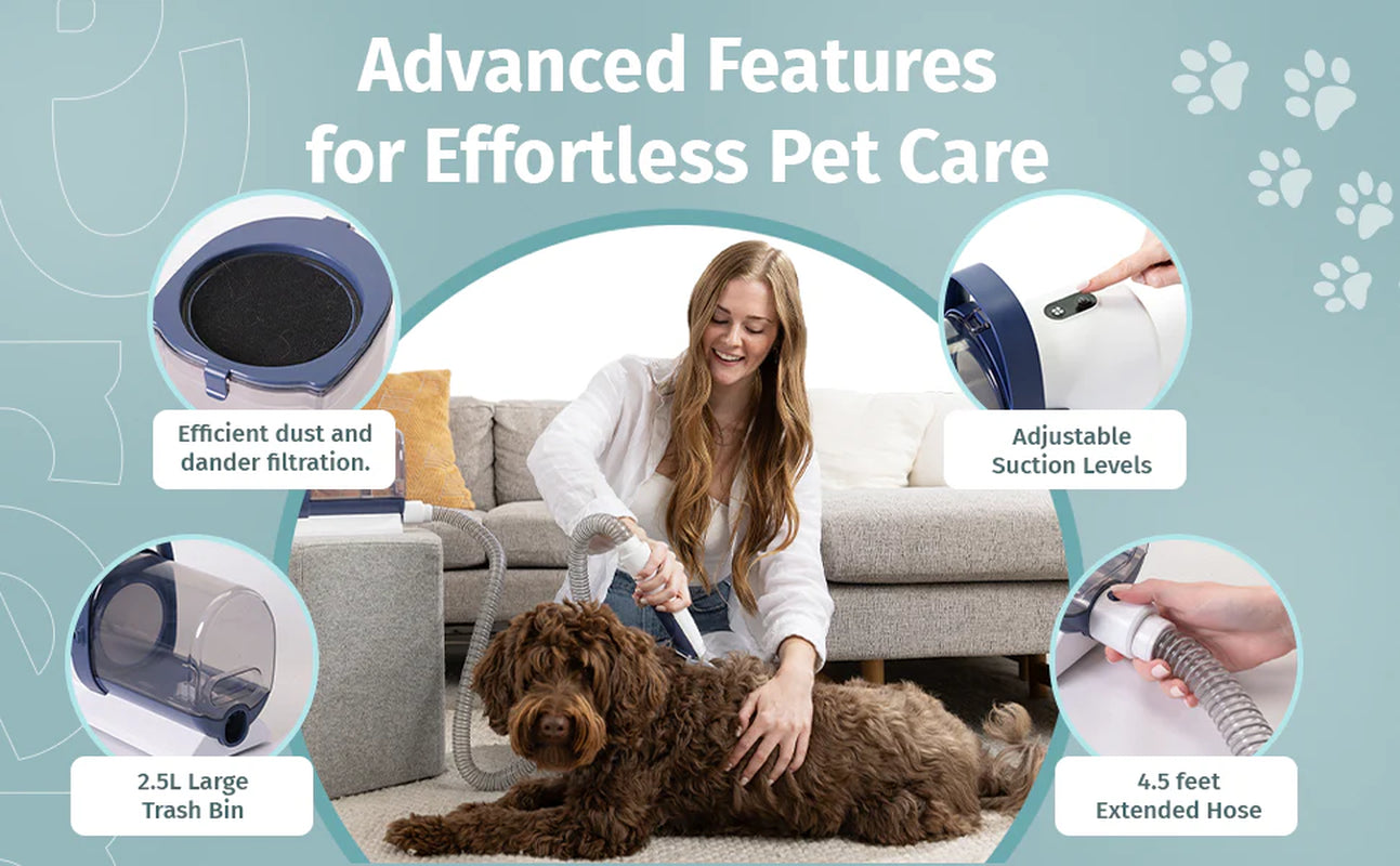 Pet Grooming Vacuum Kit All Inclusive with Paw Trimmer & Nail Grinder - 11000Pa Powerful Suction with HEPA Filter